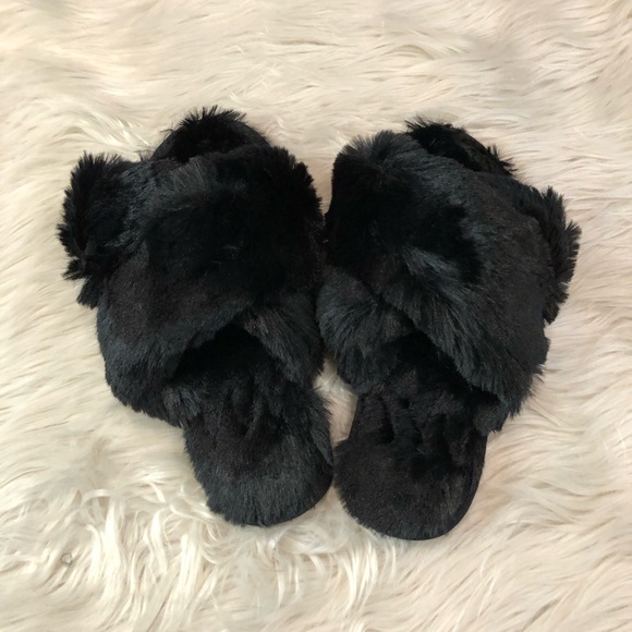 SLIPPERS Fluffy Slides Black Faux Fur, Cross Band Small - Picture 7 of 10